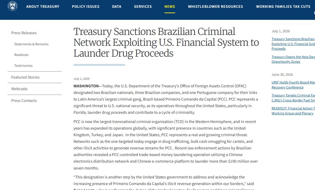 Sanções Americanas Exponham Rede de Lavagem do PCC e Suas Implicações Profundas na Economia Brasileira